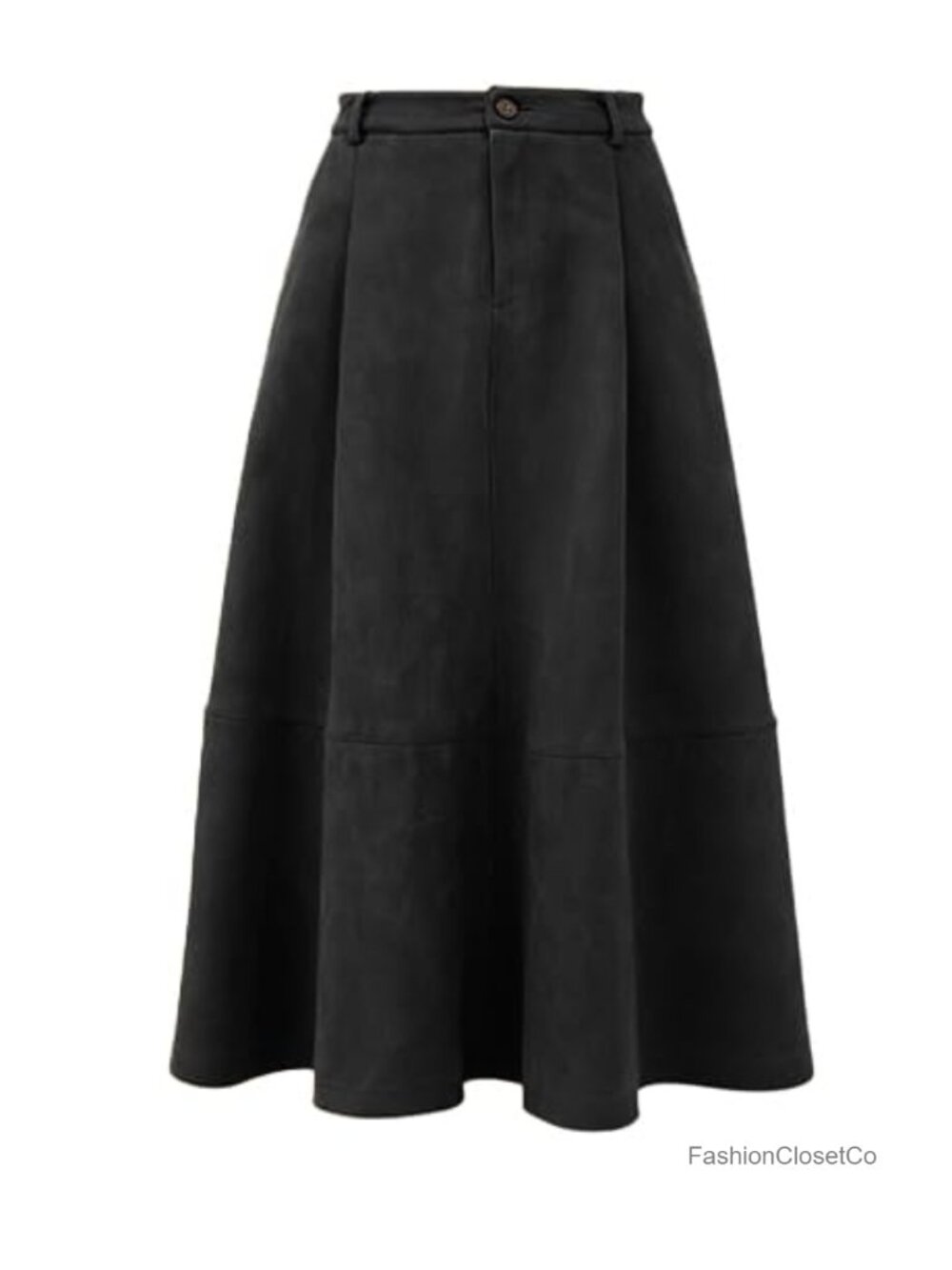 Faux Suede Midi Skirt High Waist Pleated A-Line Pockets
